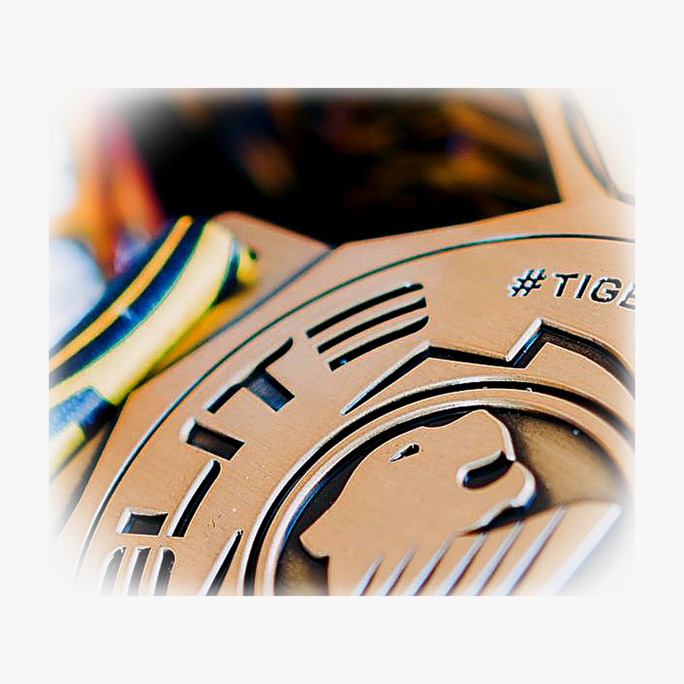 Macro detail of antique gold Tiger medal with embossed relief