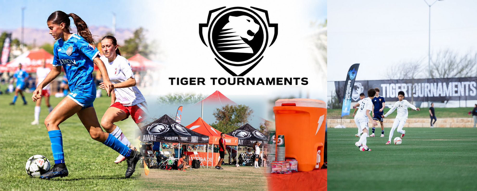Tiger Tournaments shield with boys and girls soccer, Tiger team tents and Gatorade hydration station
