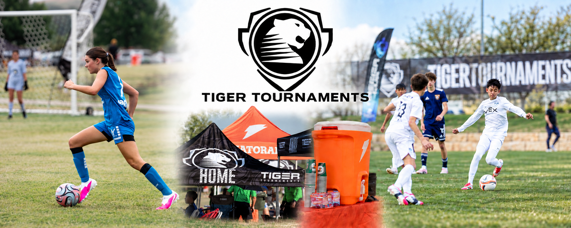 Tiger Tournaments shield, Gatorade hydration station and blended tournament soccer action